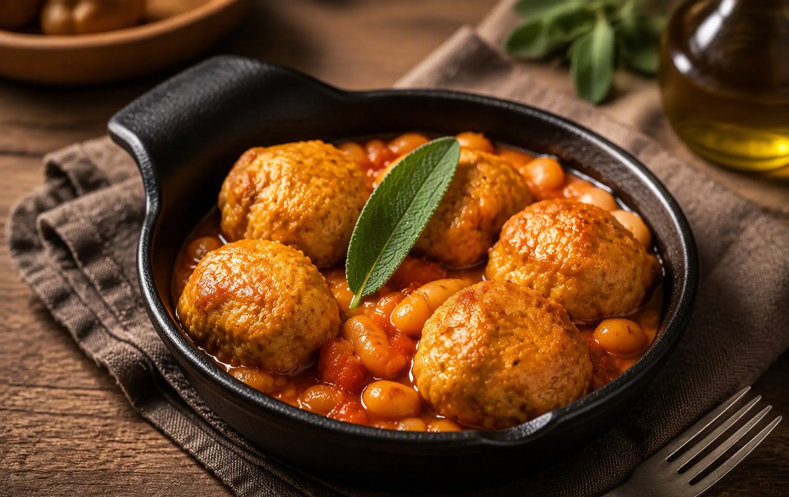 Le polpette al pomodoro nel padellino con la salvia