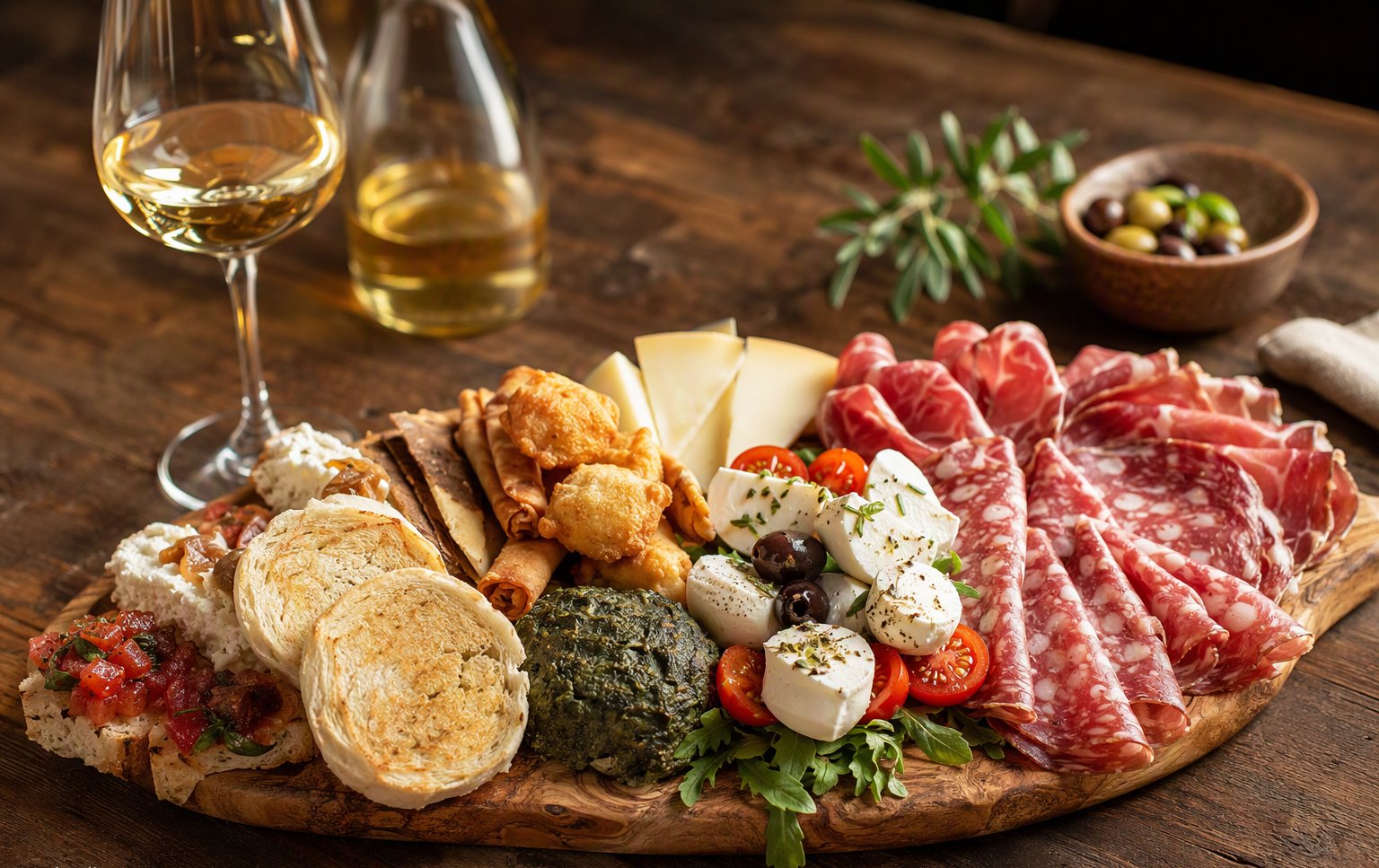 Il tagliere della casa con salumi, formaggi, mozzarella e un calice di bianco